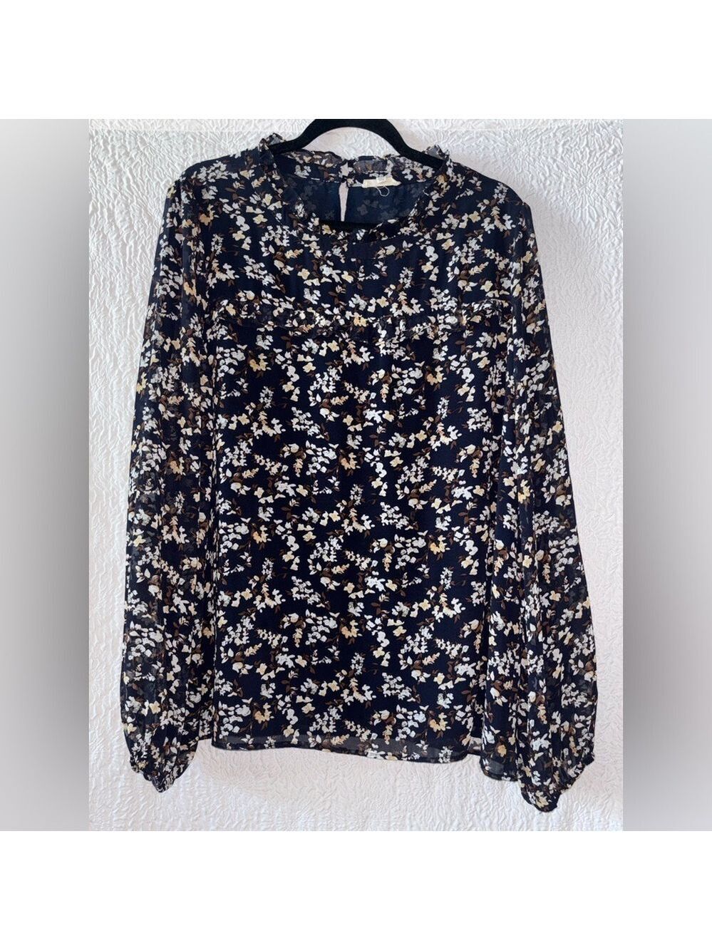 Cotton Bleu Floral Print Ruffle Long Sleeve Round Neck Blouse